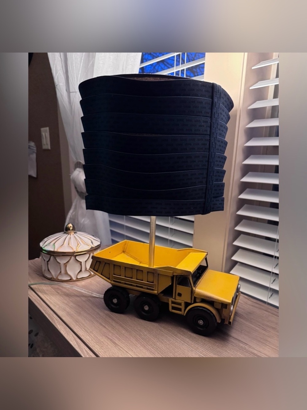 Pottery Barn Kids Yellow Dump Truck Lamp with Navy Blue Shade